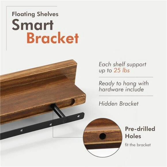 Set of 2 wood floating wall shelves walnut modern reversible shelf home decor - Picture 5 of 8